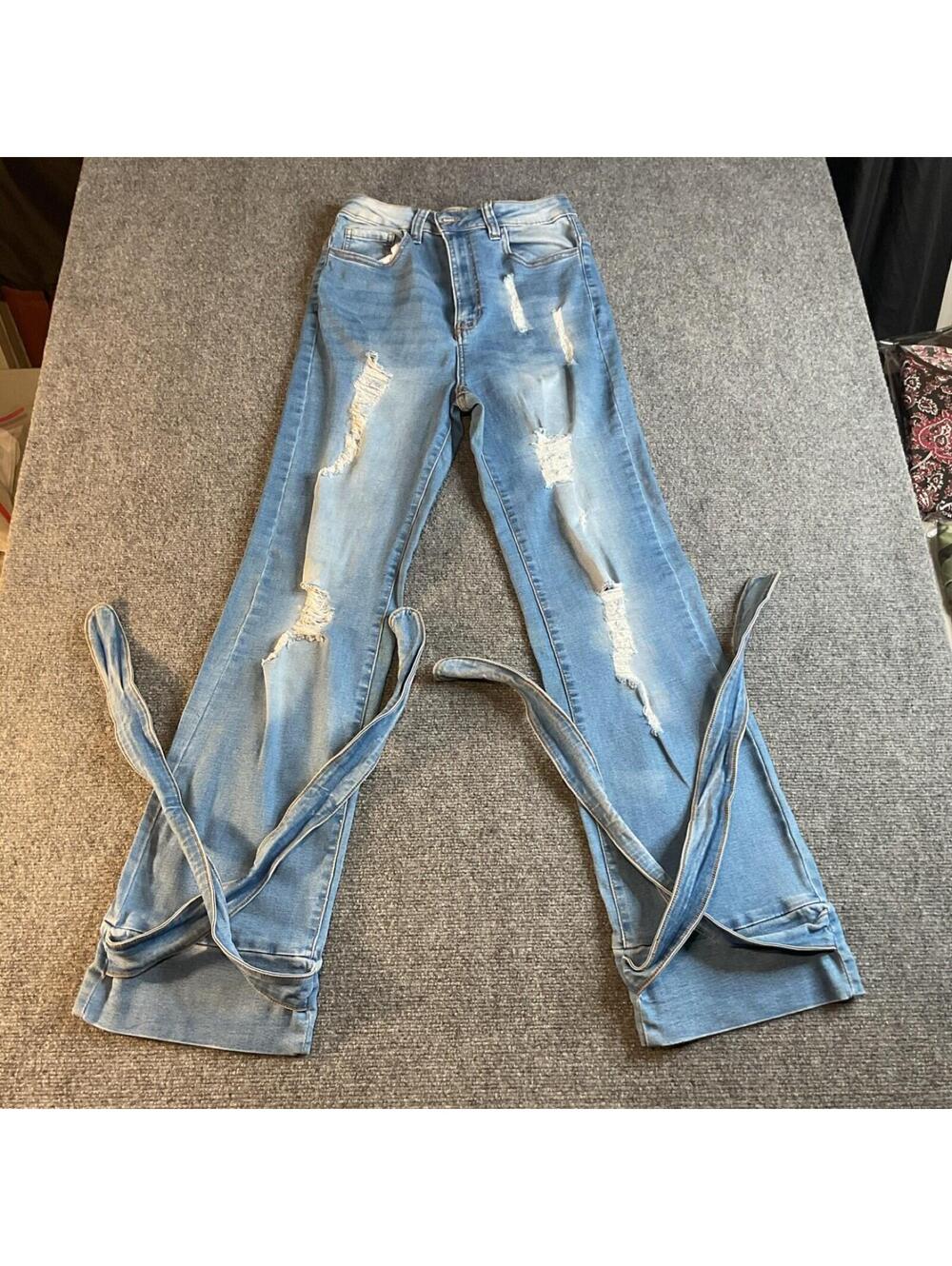 Highway Jeans Girls Size 7 Light Blue Distressed Straight Belted Denim Jeans